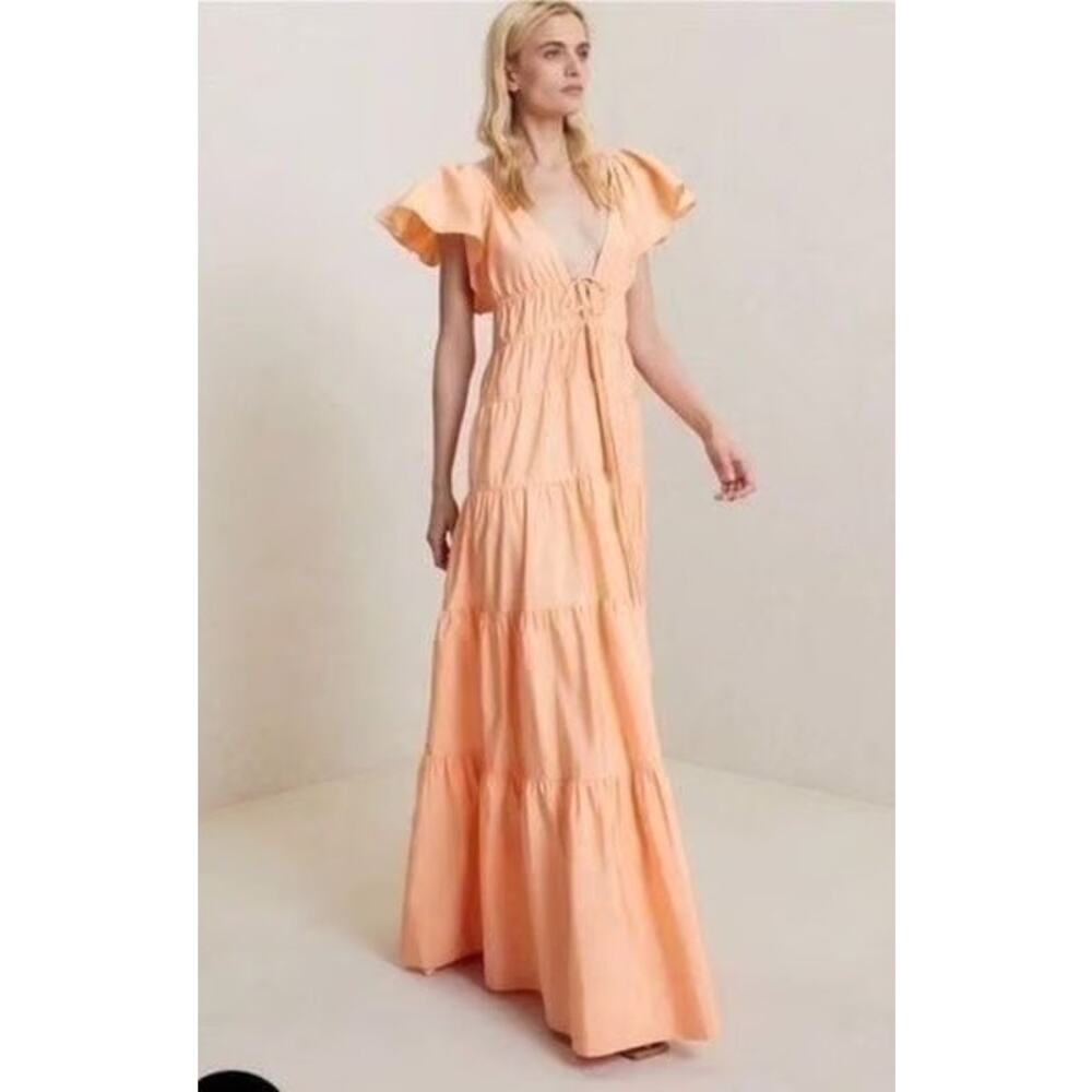 ALC Luca maxi dress nectar orange tiered v-neck flutter sleeves size 0 - Picture 3 of 12